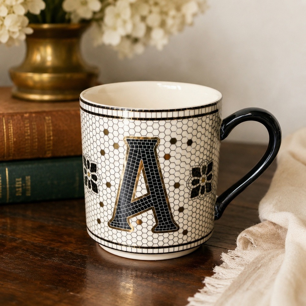 Anthropologie Bistro Tile Monogram Stoneware Mug Letter‎ A Black White Gold